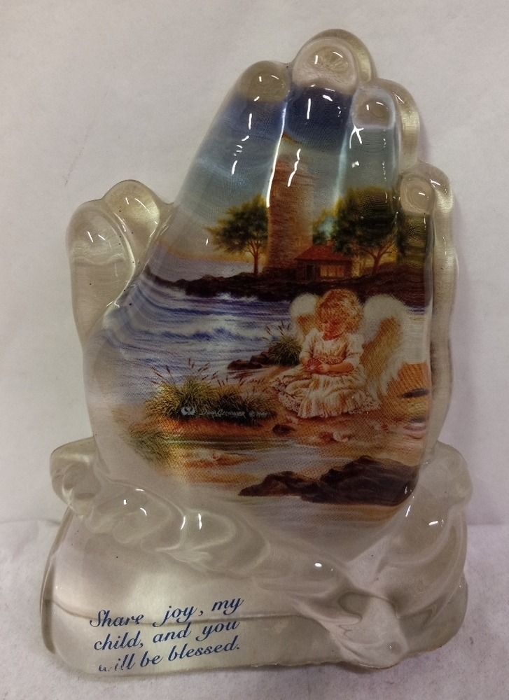 VINTAGE 3D Praying Hands Glass Table  Ornament Decor Kneeling Child Angel Signed